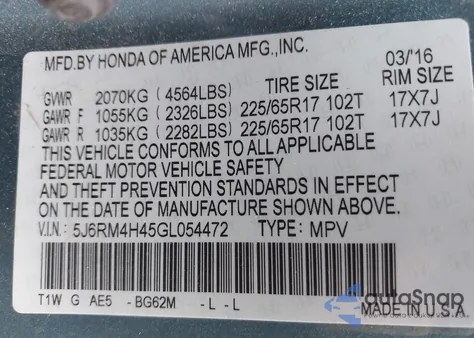 2016 Honda Cr-V Se z USA, uszkodzony, nr VIN 5J6RM4H45GL054472